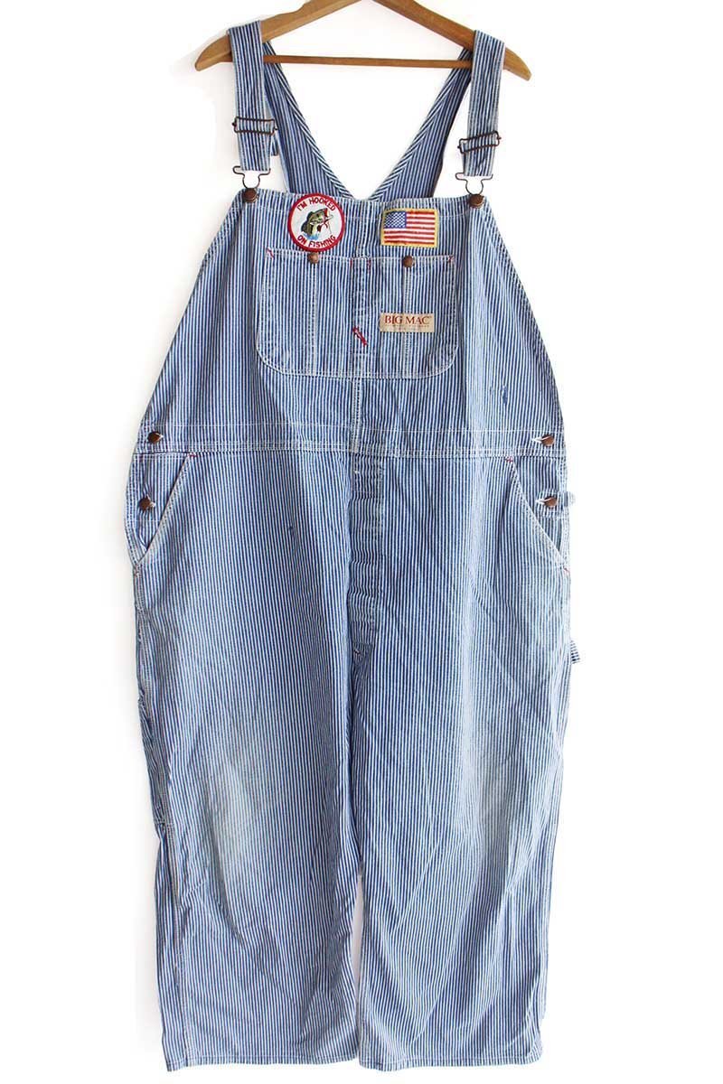 90s JCPenney BIGMACビッグマック パッチ付き ダメージ ヒッコリー ストライプ オーバーオール w46★特大【中古】