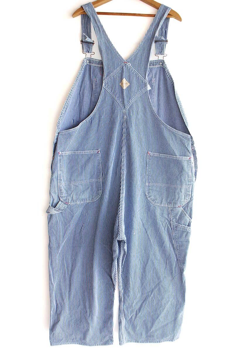 90s JCPenney BIGMACビッグマック パッチ付き ダメージ ヒッコリー ストライプ オーバーオール w46★特大【中古】