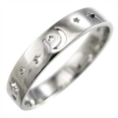 平打ち 指輪 星 型抜き 月 レディース メンズ k18ゴールド 約4mm幅 (ホワイト イエロー ピンク)