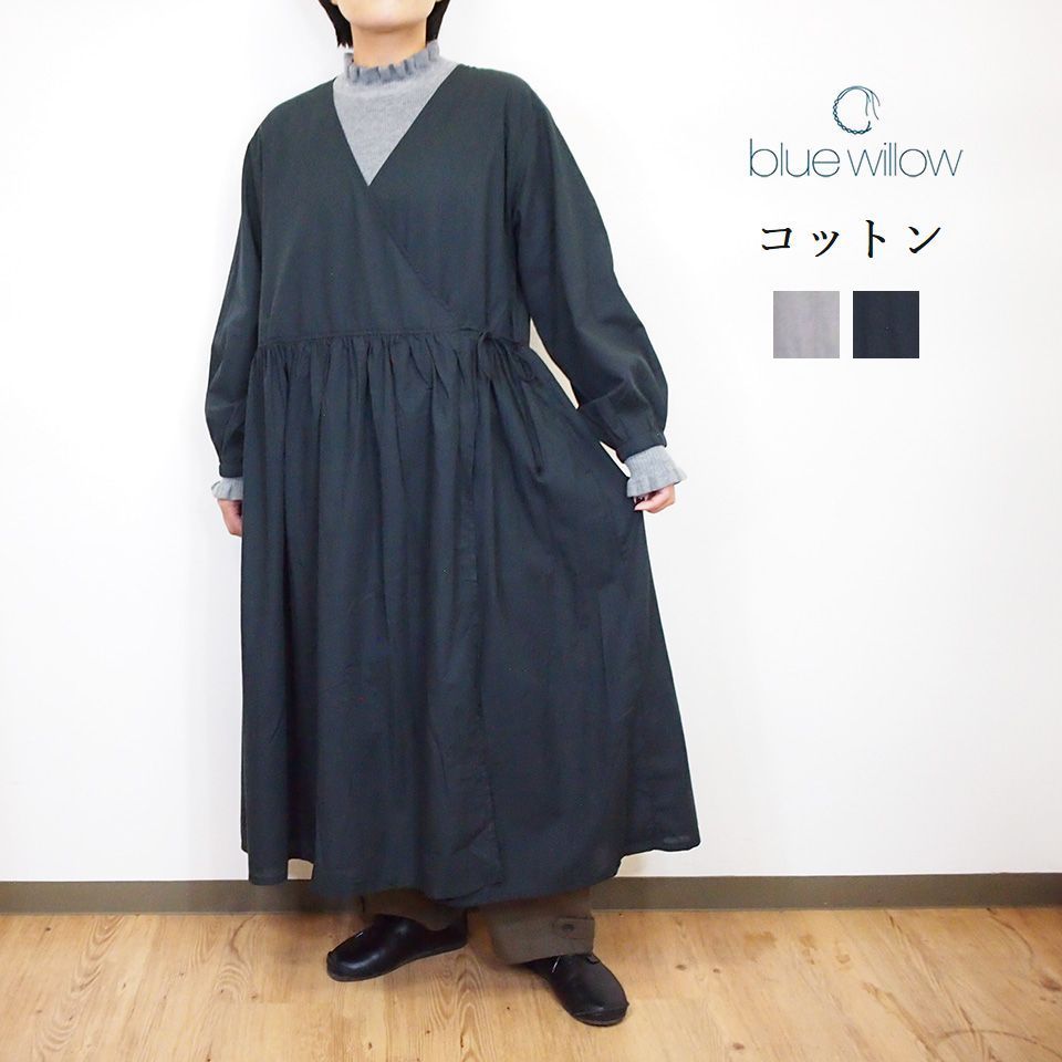 【SALE 15%OFF】BLUE WILLOW ブルーウイロー コットン 細番手 タッセル リボン カシュクール ワンピース 秋物 おしゃれ レディース ナチ...