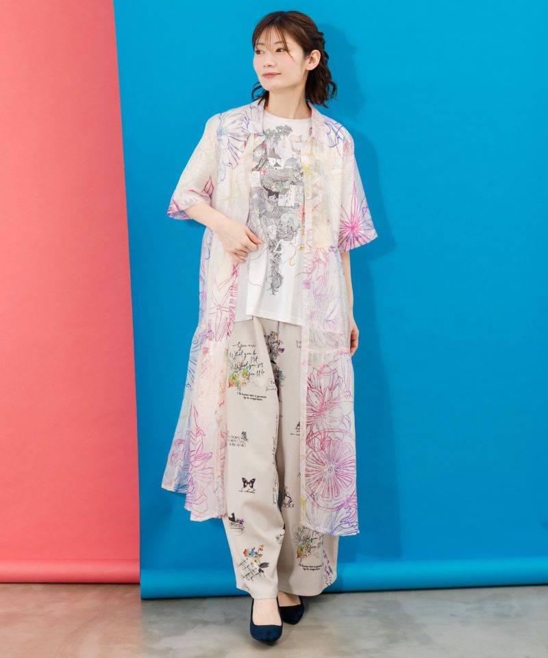 is ScoLar イズスカラー 花 フルーツ柄 シアー シャツ ワンピース 夏 半袖 前開き 羽織り おしゃれ レディース