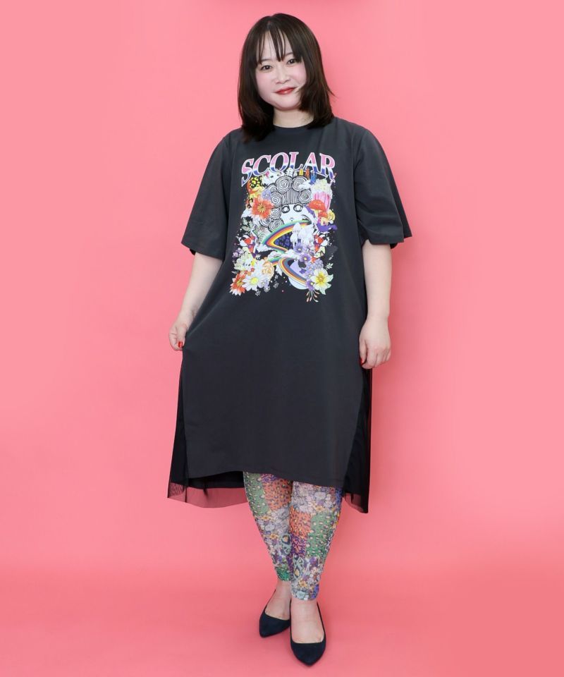 ScoLar スカラー コラージュ柄 チュール 重ね ワンピース レディース カットソー ロング丈 半袖