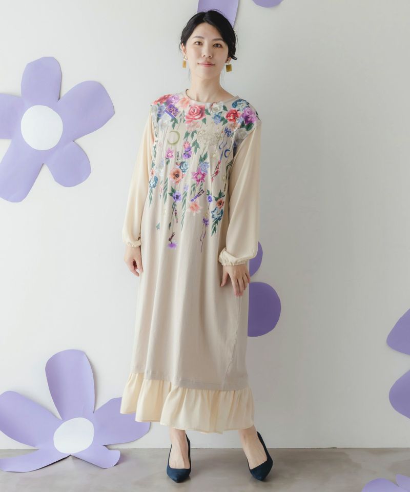 is ScoLar イズスカラー 花のガーランドプリント シフォン 切替 ワンピース レディース ロング丈 カワイイ 30代 40代 50代