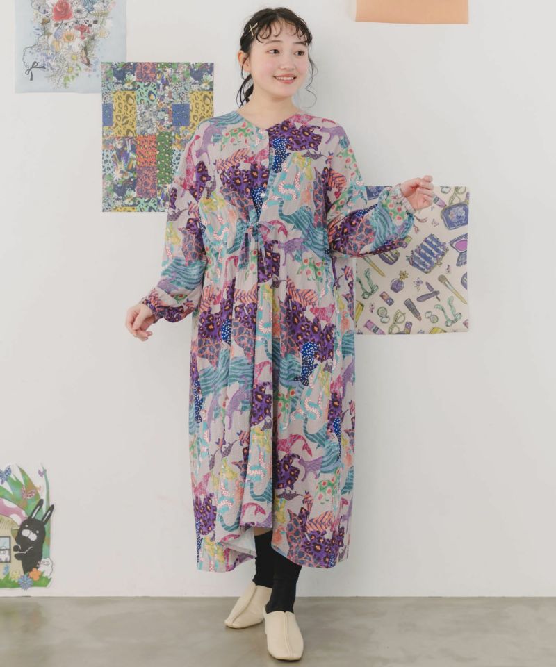 ＼最大20%OFFクーポン発行中／ScoLar スカラー アート アニマル柄 前開き ワンピース 春夏 長袖 羽織り おしゃれ カジュアル レディース