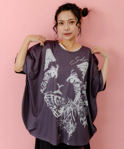 ScoLar スカラー ネコ 蝶柄 チュニック Tシャツ 夏 レディース 半袖 おしゃれ カットソー ScoLar スカラー ネコ 蝶柄 チュニック Tシャツ 夏 レディース 半袖 おしゃれ カットソー