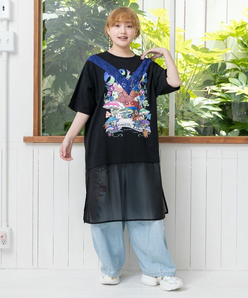 ScoLar スカラー キノコ柄 レース × シフォン 切替 ワンピース ロング Tシャツ 夏 レディース 半袖 おしゃれ