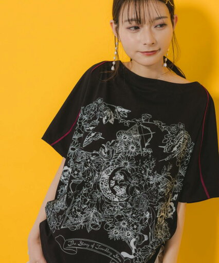 is ScoLar イズスカラー 星座と花の箔 ラバー プリント チュニック Tシャツ 夏 レディース 半袖 おしゃれ is ScoLar イズスカラー 星座と花の箔 ラバー プリント チュニック Tシャツ 夏 レディース 半袖 おしゃれ