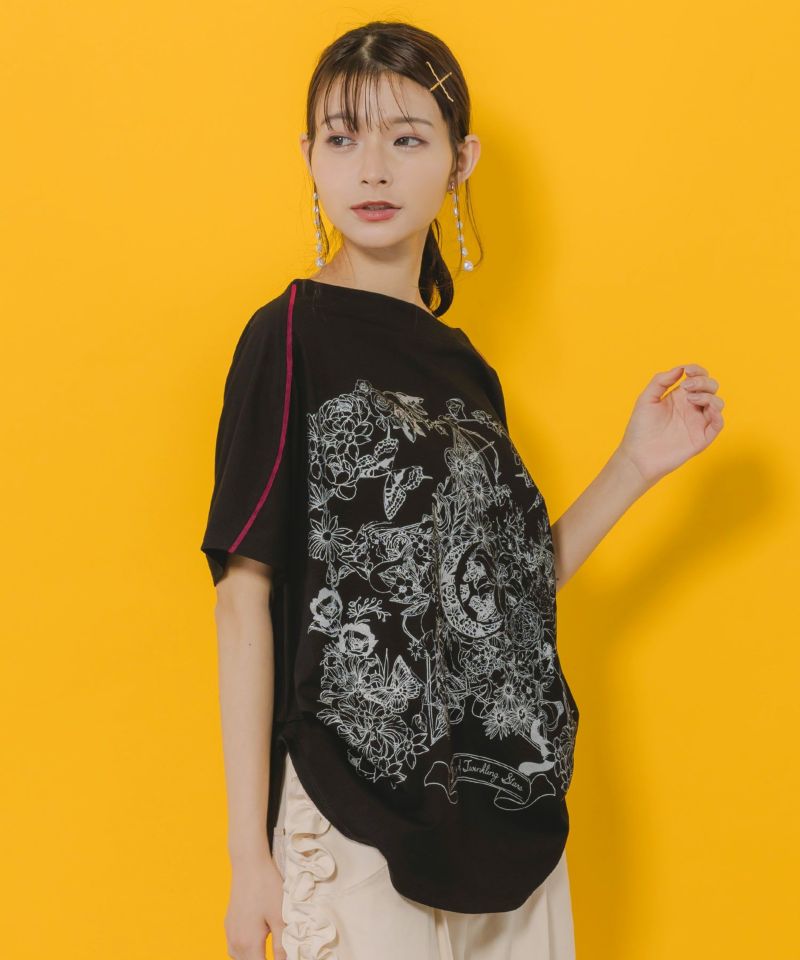 【SALE 10%OFF】 is ScoLar イズスカラー 星座と花の箔 ラバー プリント チュニック Tシャツ 夏 レディース 半袖 おしゃれ