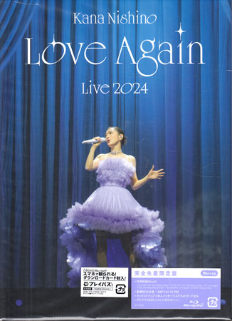 【ストーリー】復帰後初のLIVEとして、2024年11月13日・14日に横浜アリーナにて行われた、「Kana　Nishino　Love　Again　Live　2024」の模様を映像化！【収録内容】▽DISC-11) if2) 遠くても feat.WISE3) Have a nice day4) Darling5) 156) メドレー1 もっと…〜Distance〜No.1〜BRAVE HEART7) Still love you8) メドレー2 イントゥ・ミー〜MEOW〜FANTASY〜I wanna see you dance9) このままで10) 君って11) GO FOR IT !!12) LOVE & JOY13) トリセツ14) また君に恋をするEN1. EYES ON YOUEN2. Best Friend▽DISC-2メイキング映像【特典内容】豪華BOX仕様／48Pフォトブック／ネックストラップ＋本人メッセージ入りフォトカード／プレイパス封入(本編収録内容のみ)タイトルKana Nishino Love Again Live 2024 完全生産限定盤監督出演者西野カナ受賞・その他発売日2025年3月5日発売元・レーベルソニー・ミュージックレーベルズ仕様メディア形態Blu-rayリージョンコードフリー言語日本語(オリジナル言語)字幕収録時間124分／17分JANコード4547366724325製品コードSEXL-315/317