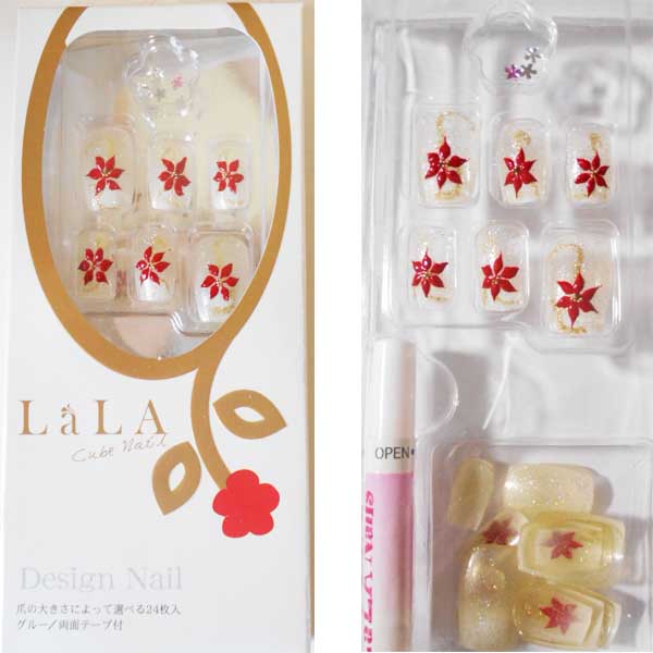 在庫処分【LaLAのネイルチップ】クリアーピンクのチップに赤いお花