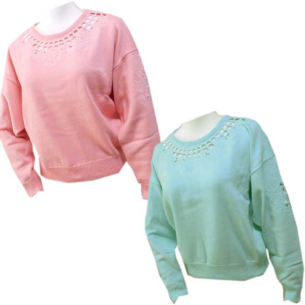 カットワーク刺繍の長袖セーター　（ピンク・ペパーミントの2色あり）M〜L寸【メール便送料込み】