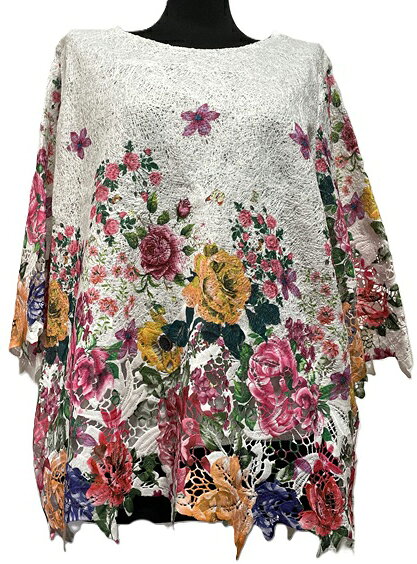 Rakuten - 【現品】大柄花プリントの7分袖チュニックM～L寸（白地に花柄）