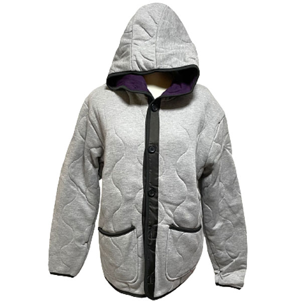 ジャージ素材のフード付きキルトジャケットM寸グレー色