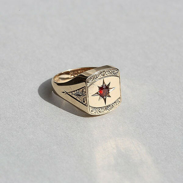 BRITISH VINTAGE 1962 JH BIRMINGHAM HALLMARKED 9CT/9K GOLD SIGNET RING WITH GARNET JP18 me01 ri04