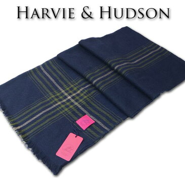 ハービー＆ハドソン Harvie&Hudson 大判 ウールストール メンズ ネイビー 紺 無料ラッピング可