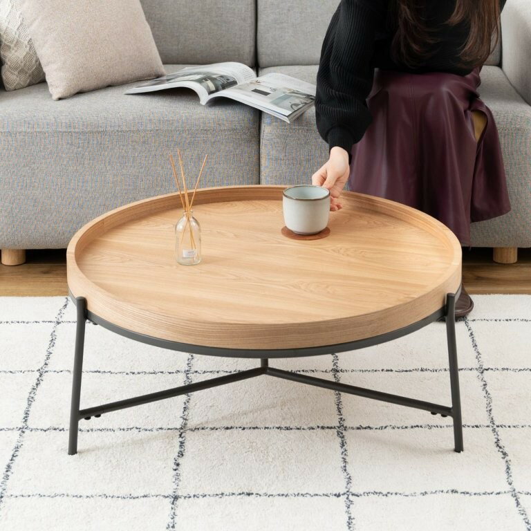 トレイ天板リビングテーブル ラウンド型 直径79cm ナチュラル スチール×木製 高さ32.5cm 円形 センターテーブル 低め