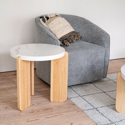 大理石調サイドテーブル Sサイズ ホワイト 白 高さ50cm 直径53cm ラウンドテーブル 円形 シンプル 石目調 おしゃれ