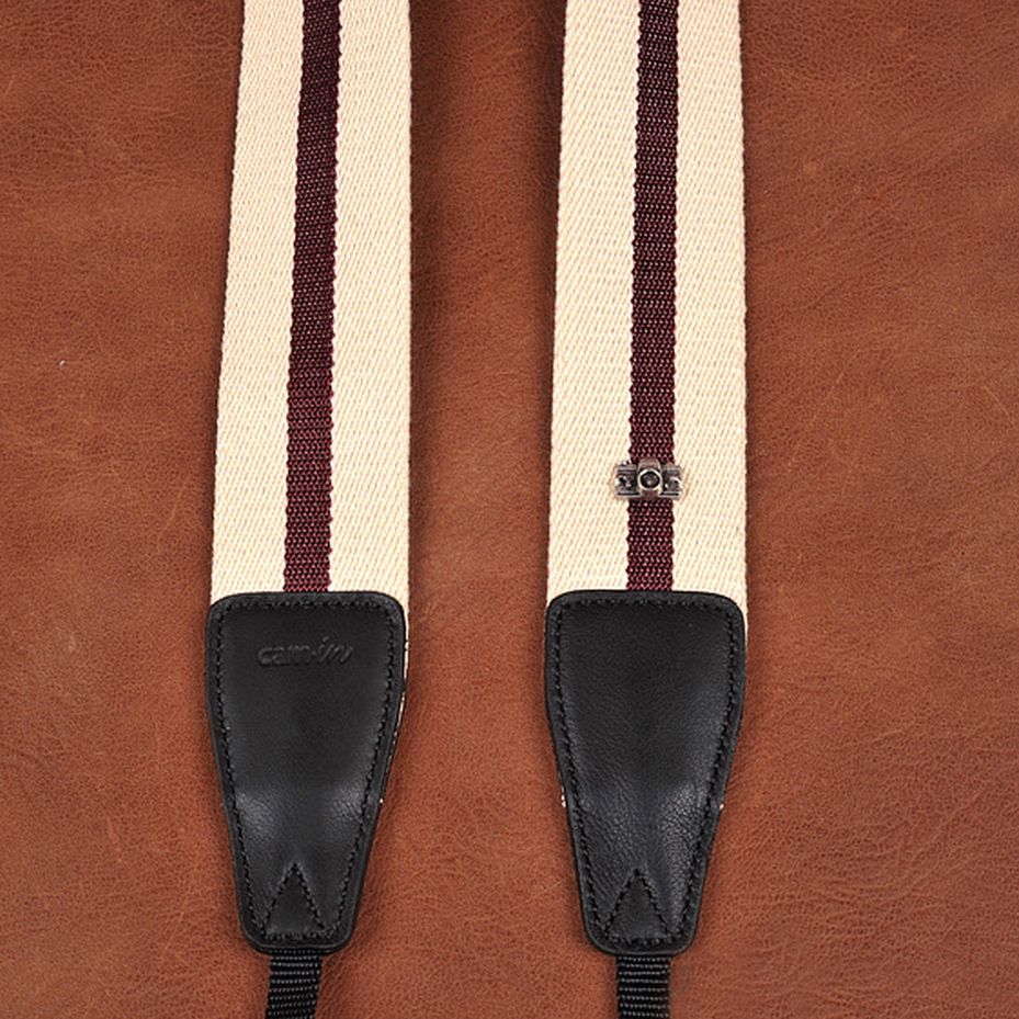 【P2倍！BF】【送料無料】cam-in カメラストラップ コットン ベージュホワイト /コーヒー色 ライン柄 C..