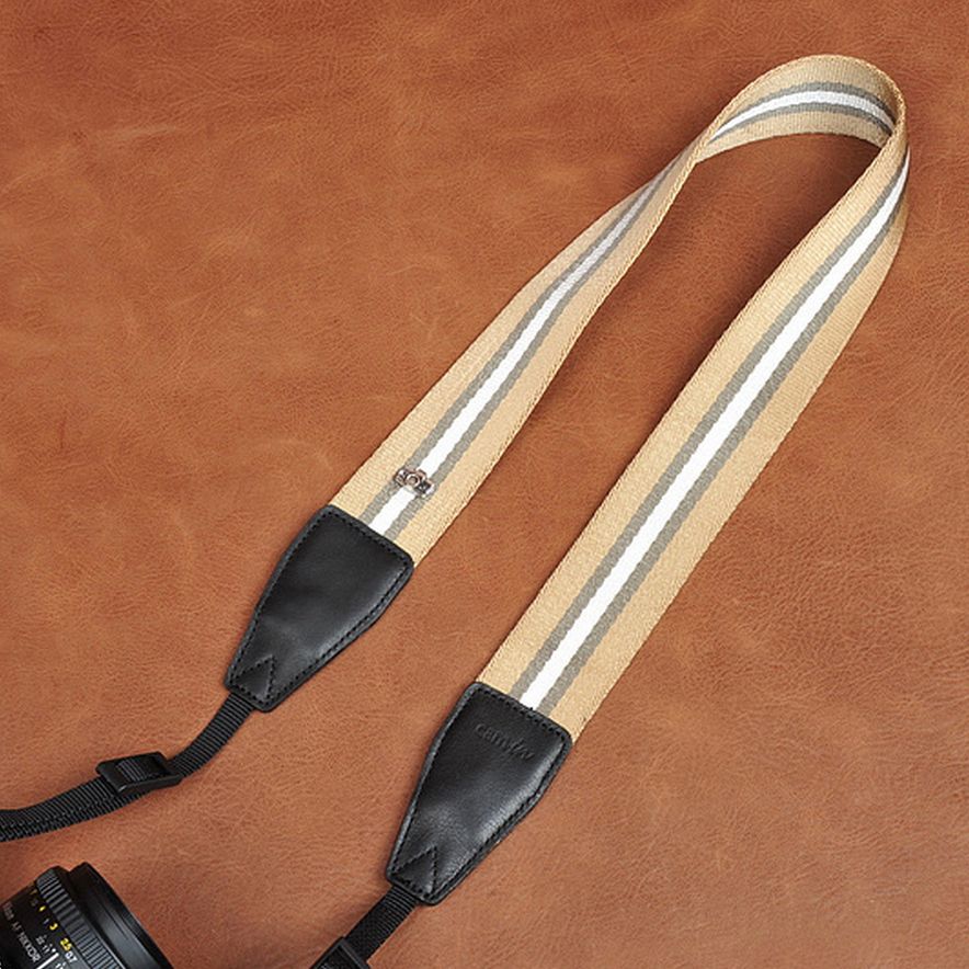 【送料無料】カメラストラップ コットン ホワイト /コーヒー色 ライン柄 cam-in カムイン CAM8155 ネックストラップ ショルダーストラップ 斜めがけ 肩掛け 首かけ