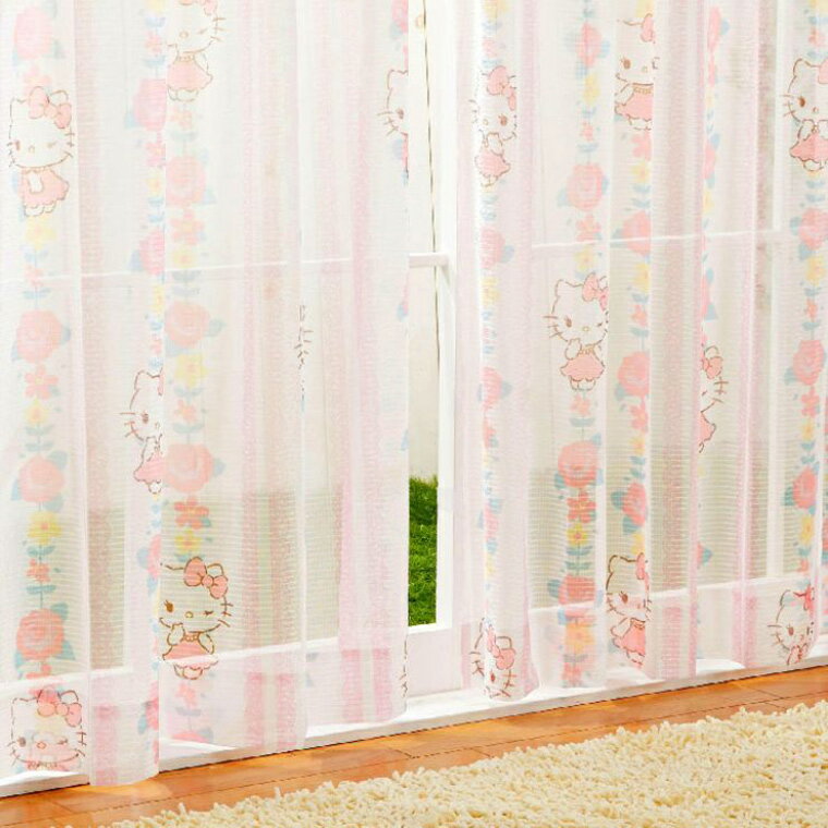 レースカーテン 2枚組 100×198cm キティ 花柄 レース ピンク 洗える 外から見えに...