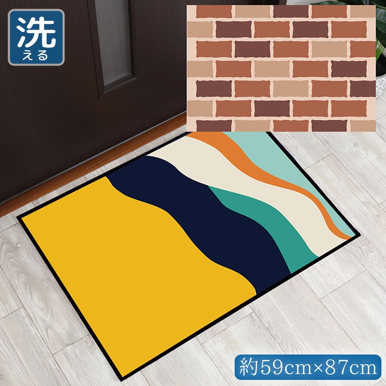 乐天商城 - 玄関マット 室内 おしゃれ 洗える 約59×87cm キッチンマット アクセントマット イラスト マット 敷物 転写プリント TEN114-B レンガウォール