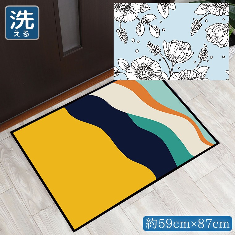 乐天商城 - 玄関マット 室内 おしゃれ 洗える 約59×87cm キッチンマット アクセントマット イラスト マット 敷物 転写プリント TEN097-B ラインドローライトブルー