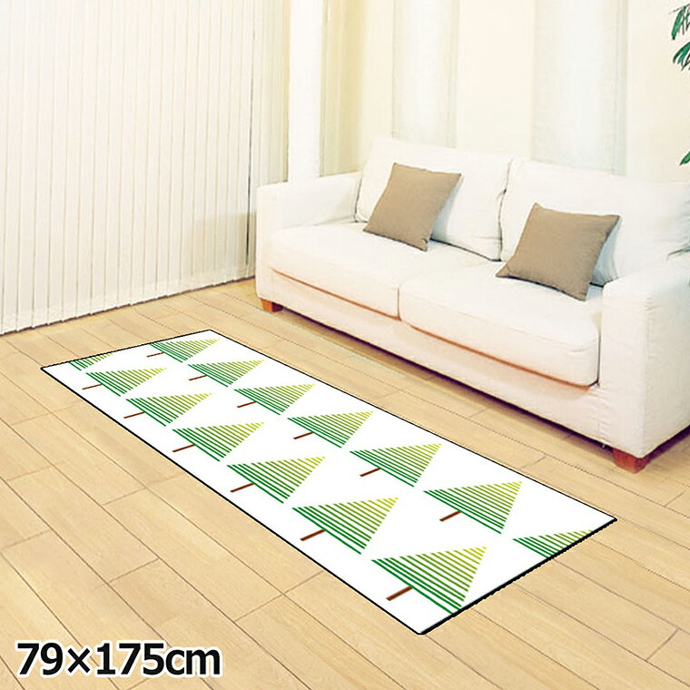 Rakuten - ラグ 洗える 北欧 おしゃれ 約79×175cm カーペット イラスト アクセントラグ アクセントマット オールシーズン リビング ダイニング 寝室 ホットカーペット対応 転写プリント TEN124-C 森グリーン