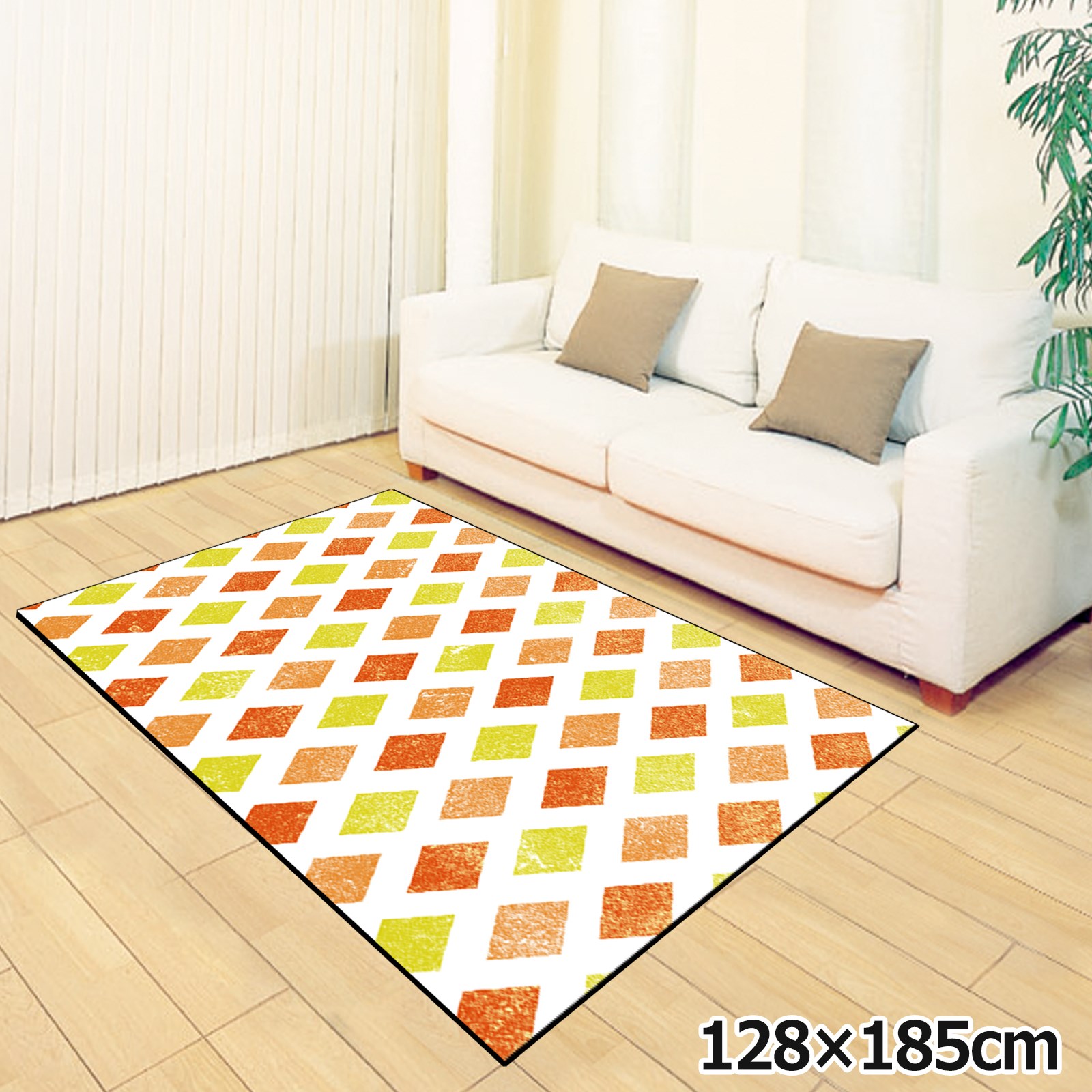 乐天商城 - ラグ 洗える 北欧 おしゃれ 1.5畳 約128×185cm カーペット 1.5帖 イラスト アクセントラグ アクセントマット オールシーズン リビング ダイニング 寝室 ホットカーペット対応 転写プリント TEN114-D タイルオレンジ