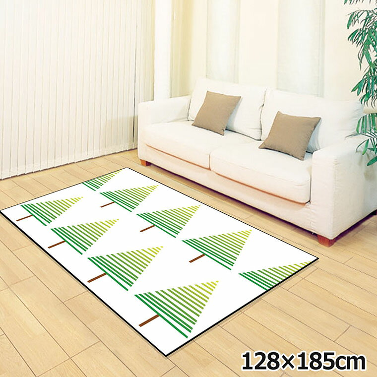 乐天商城 - 【本日P5倍】 ラグ 洗える 北欧 おしゃれ 1.5畳 約128×185cm カーペット 1.5帖 イラスト アクセントラグ アクセントマット オールシーズン リビング ダイニング 寝室 ホットカーペット対応 転写プリント TEN124-D 森グリーン