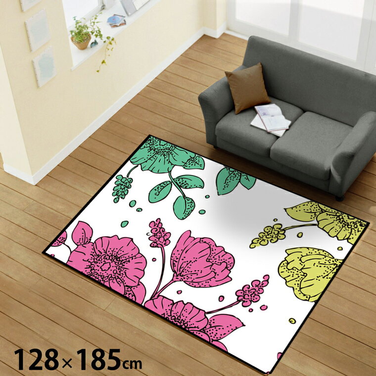 Rakuten - ラグ 洗える 北欧 おしゃれ 1.5畳 約128×185cm カーペット イラスト アクセントラグ アクセントマット オールシーズン リビング ダイニング 寝室 ホットカーペット対応 転写プリント TEN132-D ラインドロー グレー 花柄 北欧 母の日