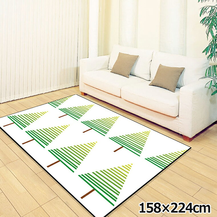 Rakuten - ラグ 洗える 北欧 おしゃれ 3畳 約158×224cm カーペット 3帖 イラスト アクセントラグ アクセントマット オールシーズン リビング ダイニング 寝室 ホットカーペット対応 転写プリント TEN124-E 森グリーン