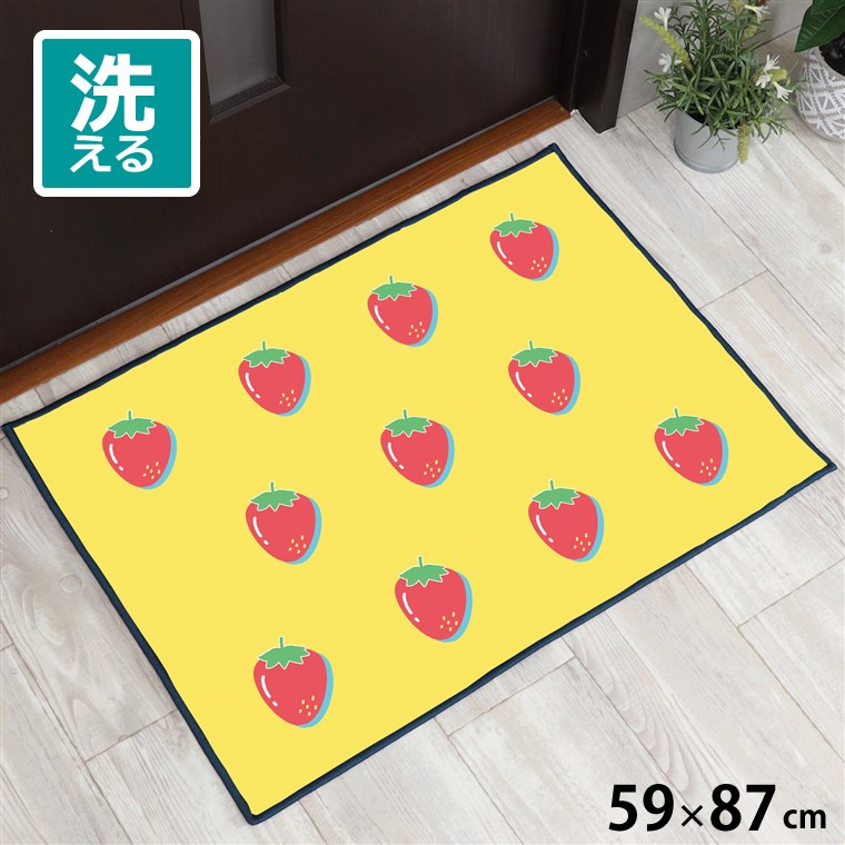 玄関マット 室内 おしゃれ 洗える 約59×87cm キッチンマット アクセントマット イラスト マット 敷物 転写プリント TEN148-Bイチゴ