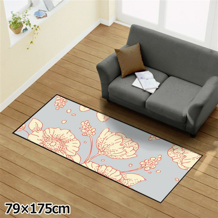Rakuten - ラグ 洗える 北欧 おしゃれ 約79×175cm カーペット イラストアクセントマット オールシーズン リビング ダイニング 寝室 ホットカーペット対応 転写プリント TEN133-Cラインドローグレー