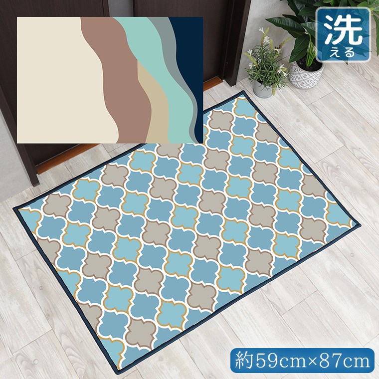 Rakuten - 玄関マット 室内 おしゃれ 洗える 約59×87cm キッチンマット アクセントマット イラスト マット 敷物 転写プリント TEN027-B 縦ウェーブベージュ2