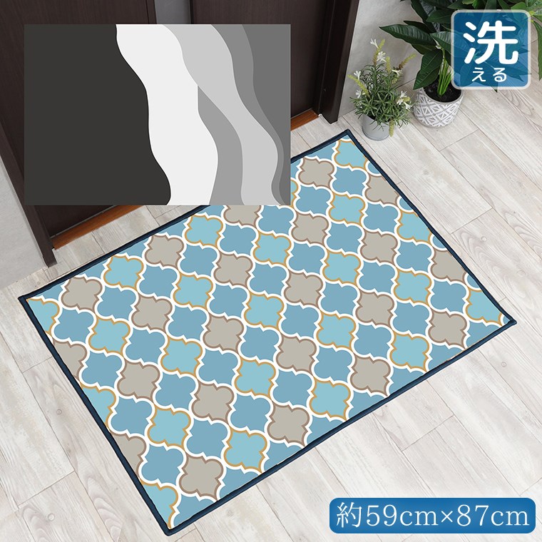 樂天商城 - 【本日ポイント5倍！】 玄関マット 室内 おしゃれ 洗える 約59×87cm キッチンマット アクセントマット イラスト マット 敷物 転写プリント TEN029-B 縦ウェーブグレー