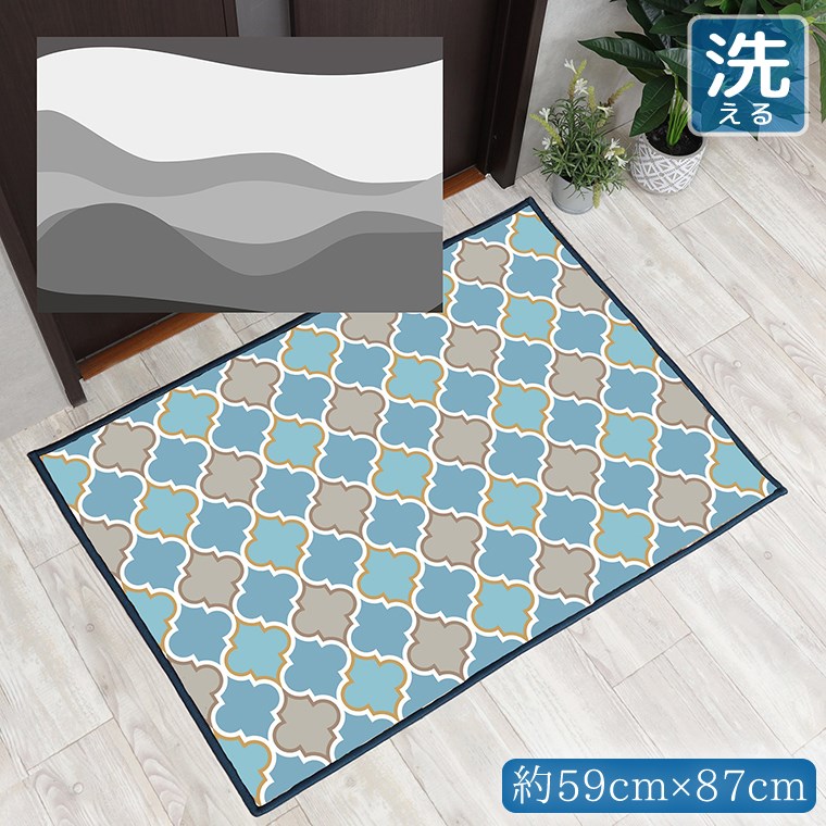 樂天商城 - 玄関マット 室内 おしゃれ 洗える 約59×87cm キッチンマット アクセントマット イラスト マット 敷物 転写プリント TEN036-B 横ウェーブグレー