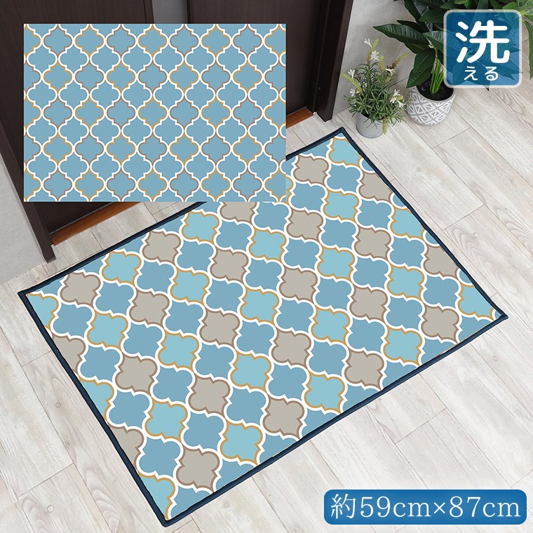 乐天商城 - 玄関マット 室内 おしゃれ 洗える 約59×87cm キッチンマット アクセントマット イラスト マット 敷物 転写プリント TEN054-B モロッカンライトブルー