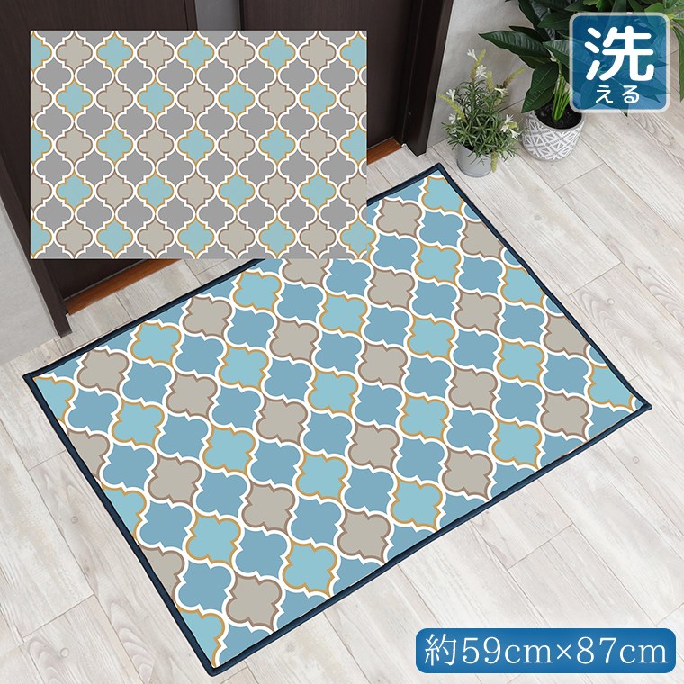 Rakuten - 【本日限りP5倍】 玄関マット 室内 おしゃれ 洗える 約59×87cm キッチンマット アクセントマット イラスト マット 敷物 転写プリント TEN058-B モロッカンパステルブルー