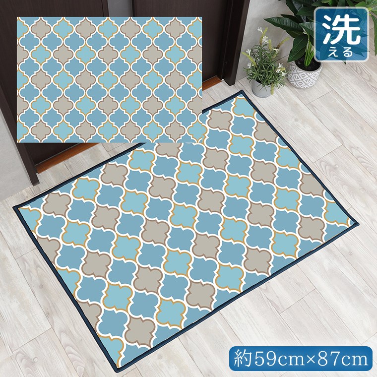 Rakuten - 【全品対象5％OFF】 玄関マット 室内 おしゃれ 洗える 約59×87cm キッチンマット アクセントマット イラスト マット 敷物 転写プリント TEN059-B モロッカンパステルグリーン