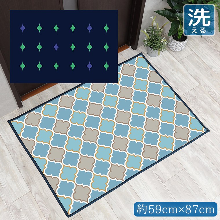 Rakuten - 【全品対象5％OFF】 玄関マット 室内 おしゃれ 洗える 約59×87cm キッチンマット アクセントマット イラスト マット 敷物 転写プリント TEN069-B グリーンダイヤ