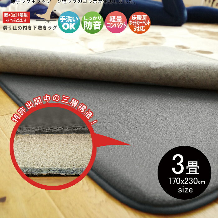ラグ 下敷きラグ 厚手 防音 3畳 約170×230cm シンプル ラグマット カーペット ラグカーペット おしゃれ..