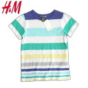 H&M エイチアンドエム マルチボーダー 半袖Tシャツ グリーン×イエロー×パープル キッズライン ボーイズ 春夏 5-6歳 7-8歳