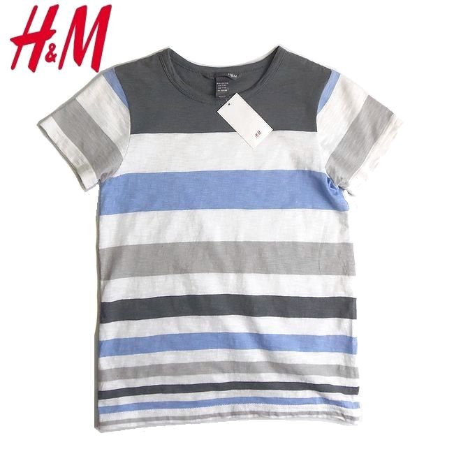 H&M エイチアンドエム マルチボーダー 半袖Tシャツ ブルー×グレー キッズライン 7-8Y【新品】【YDKG-tk】ボーイズ 春夏 7-8歳