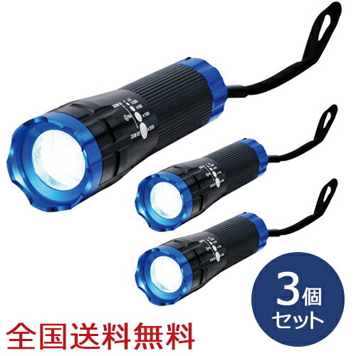 ツイストズーム付き3W LEDトーチ ハンディライト 防災 アウトドア 懐中電灯 ブルー&ブラック お得な3個セット ツイストズーム付き3W LEDトーチ ハンディライト 防災 アウトドア 懐中電灯 ブルー&ブラック お得な3個セット
