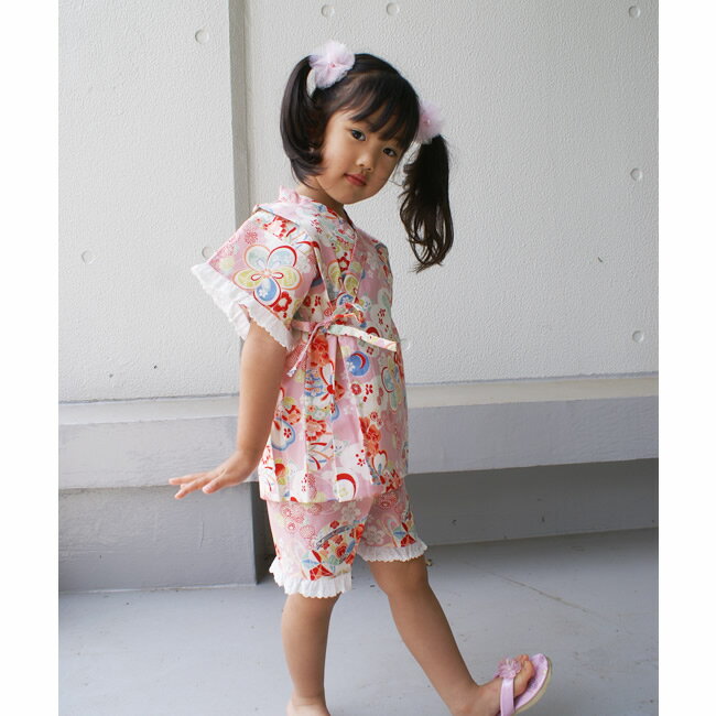 ETK古典柄　レース付　姫の甚平　女の子ピンク　ふりふりレースがかわいい