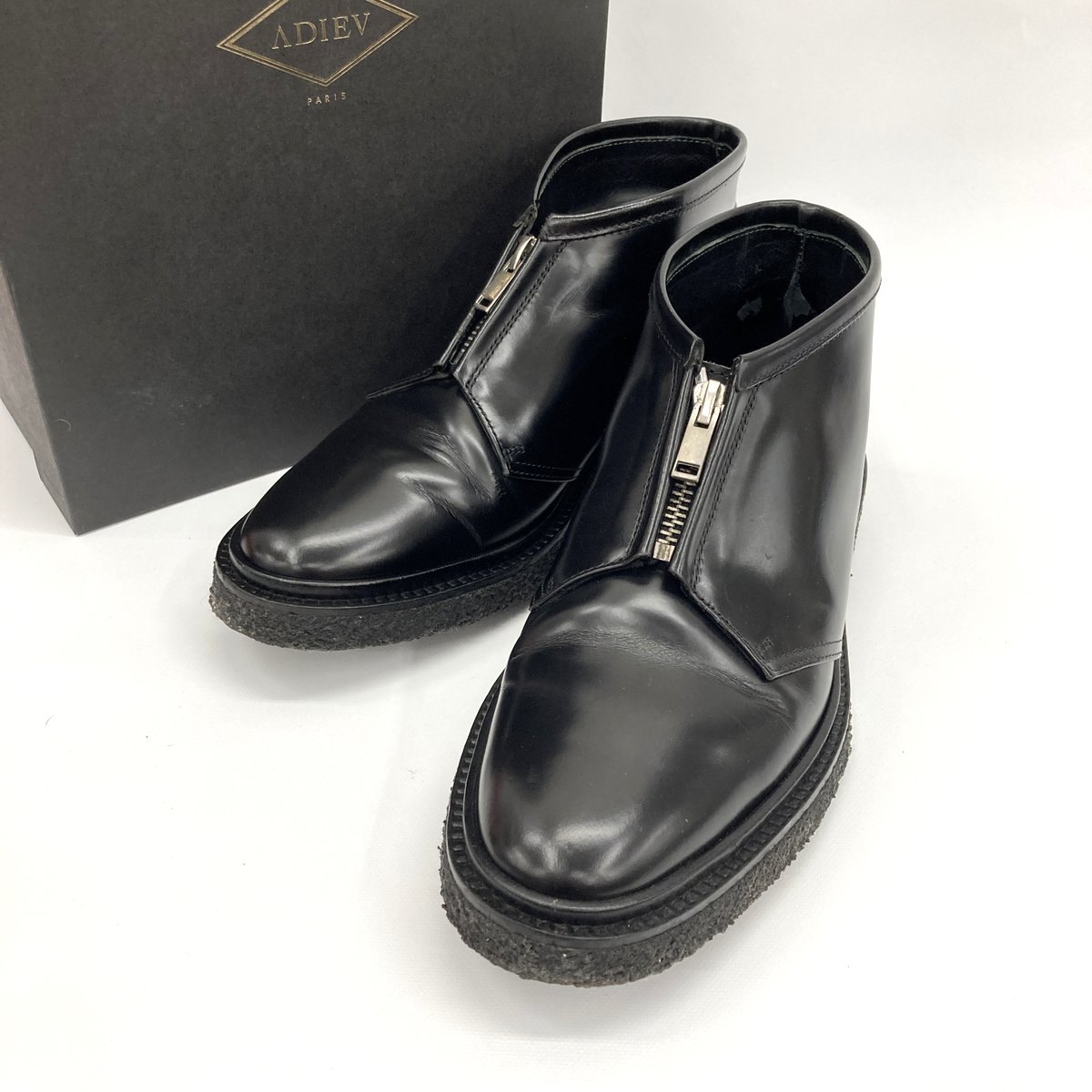 乐天商城 - 【中古】ADIEU PARIS アデュー パリ チャッカブーツ Classic type 3 フロントジップ 箱付き ビジネス 通勤 カーフレザー 男女兼用 FR39 25cm相当 ブラック 靴 ★ SS537