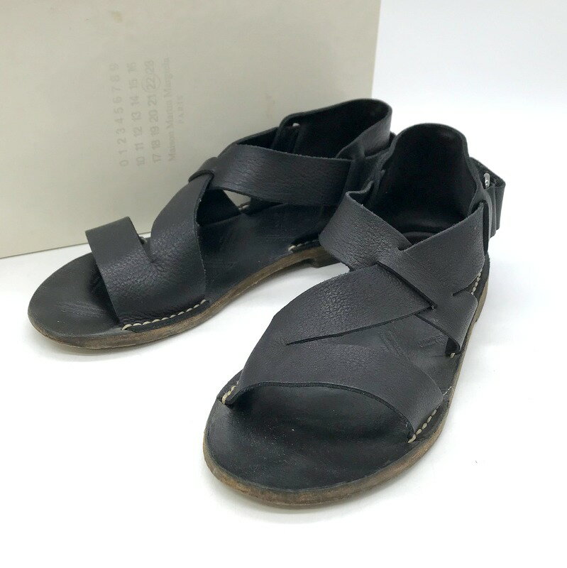 【中古】 MAISON MARGIELA グラディエーターサンダル S37WP0014 レザー ボーンサンダル シューズ sandal Gladiator Sandal 箱付 カジュアル シンプル メンズ 25.5cm ブラック メゾンマルジェラ 靴 B10241◆