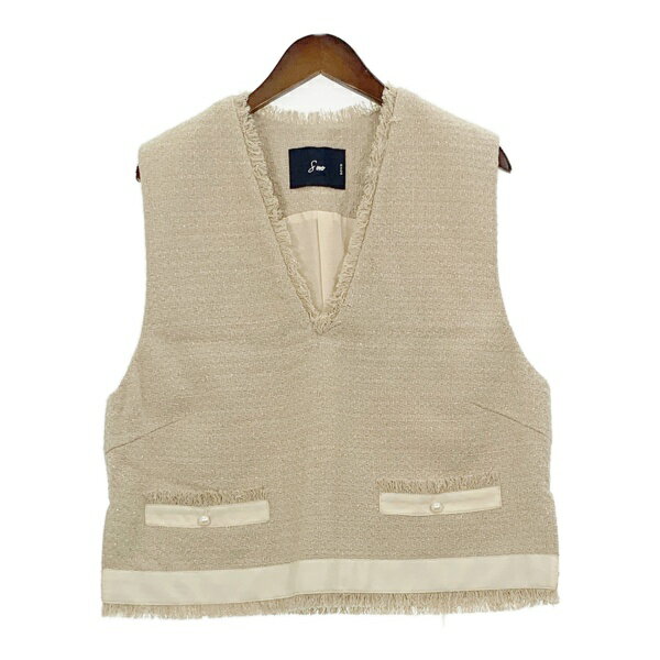 【中古】ソーノ NAVY ツイードパールベスト S224BV023 新品同様 プルオーバー Vネック フリンジ フェミニン レディース サイズ1 ベージュ SONO トップス IL13268■