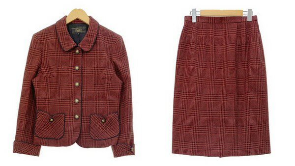 【中古】レリアン ウール 千鳥格子 チェック柄 スーツ セットアップ スカート ジャケット フォーマル 入学式 卒業式 レディース サイズ9 レッド系 Leil...