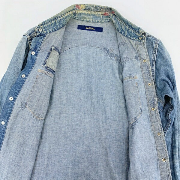 【中古】KAPITAL スタッズ デニム ウエスタン シャツ ブラウス ダメージ加工 リペア加工 刺繍 CAPITAL表記期 古着 メンズ サイズ2 インディゴ キャピタル トップス DM14821■